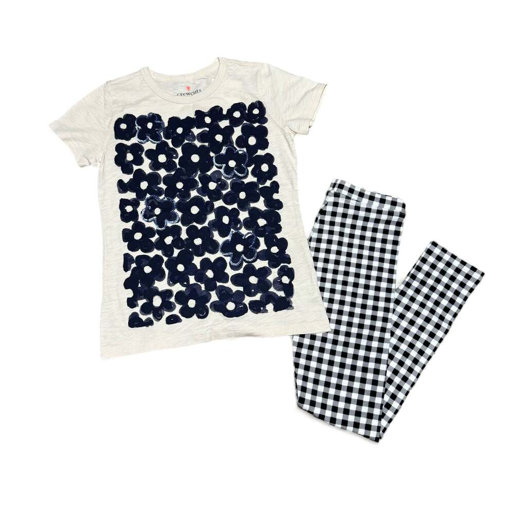 Crewcuts | NWT Cream Sequin Floral Shirt & Black White Gingham Leggings